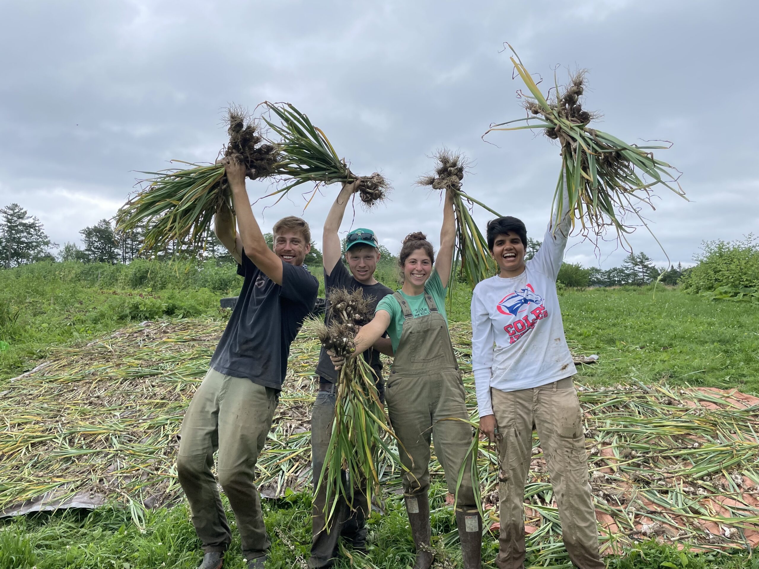 Farms staffers holding bunches of vegetables